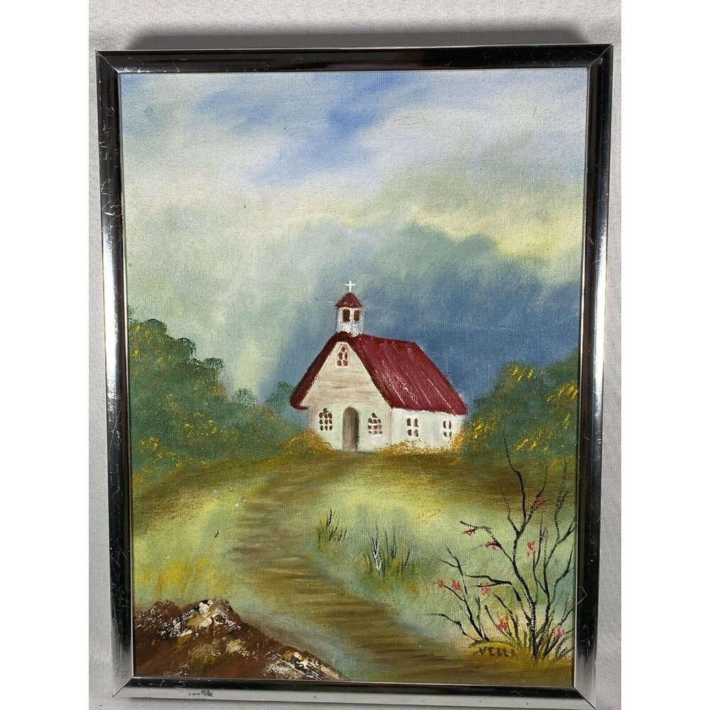 Original Acrylic on Canvas Country Pathway To Church By Vella 1993 Framed - Picture 5 of 10